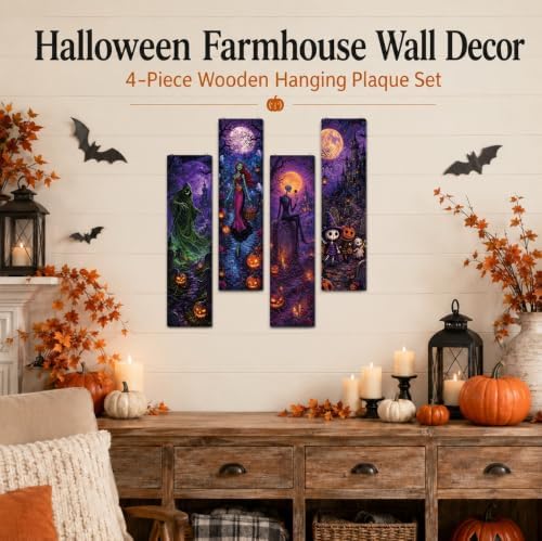 Retro Halloween Decor,4 Pcs Halloween Hanging Signs,Rustic Wood Wall Decor - Image 6