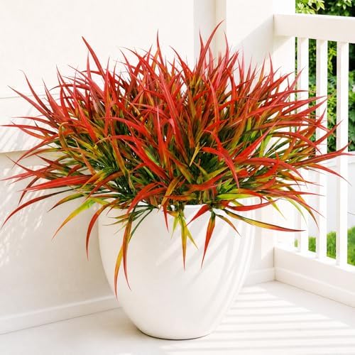 Uieke 12PCS Artificial Grass Plants Outdoor, Fake Grass Stems, Autumn Red by Uieke