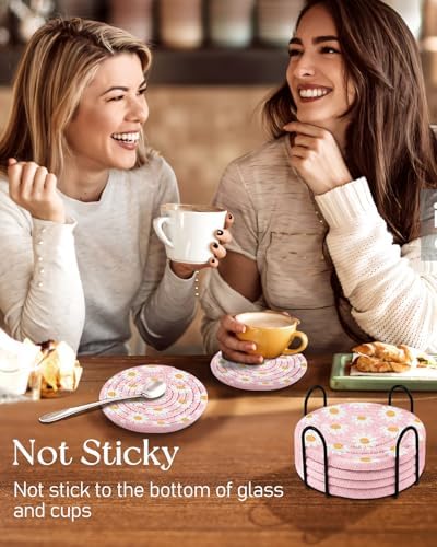 Absorbent Cup Coasters Set of 6 with Holder, Daisy - Image 6