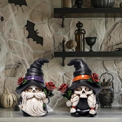 Hodao Halloween Gnomes Decor Indoor Skull Figurines with Witch Hats 2 Pcs - Image 5