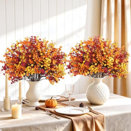 30PCS Fall Artificial Flowers Baby Breath, Burgundy & Orange Fall Flowers by Uieke