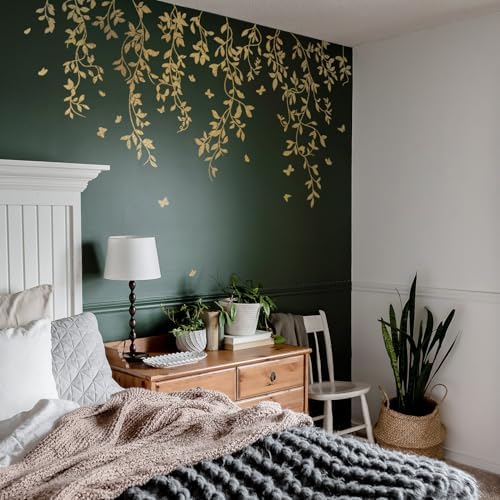 Gold Metallic Wall Decals Peel and Stick Large Wall Stickers Large Sketch Minimal Line Transfer for Women Living Room, Bedroom Decor, Gold Vines by Flortlias