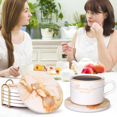 6 Pcs Gold Marble Abstract Ceramic Coasters with Holder for Coffee Table - Image 6