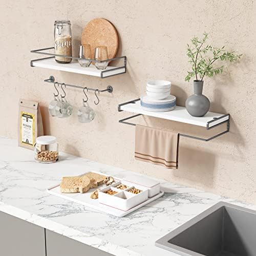 Forbena White Floating Shelves for Bathroom Organizer Over Toilet, Bathroom Shelves Wall Mounted with Towel Rack, Corner Wall Shelf for Bedroom Decor Kitchen Storage (White-Dark Grey, Set of 2) - Image 4