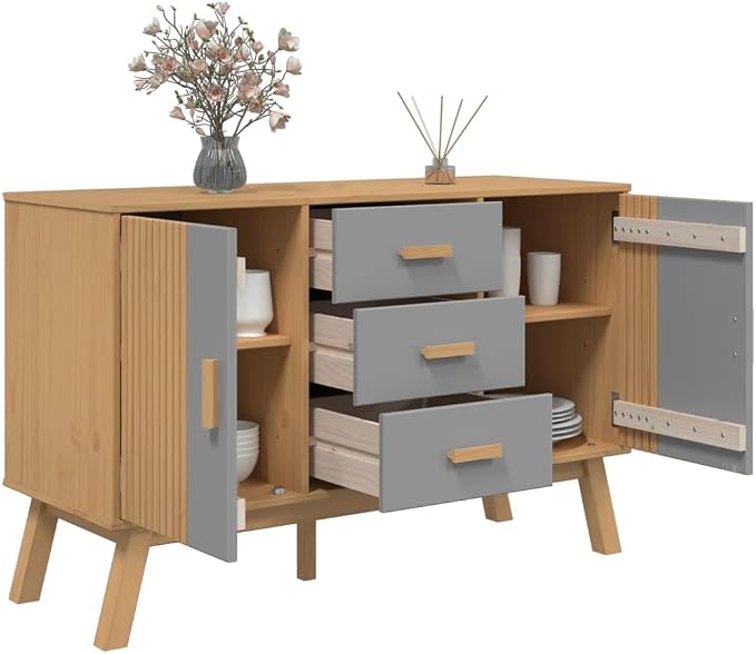 Grey and Brown Sideboard with 3 Drawers and 2 Cabinets Solid Pine Wood - Image 6