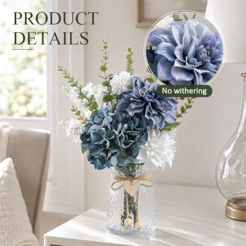 17.9" Blue Faux Flowers in Glass Vase Hydrangea Dahlias Bouquet Farmhouse - Image 7