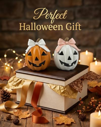 GoGnome Halloween Decor Spooky Cute Fall Pumpkin with Bow Tabletop for Shelf Mantel Tiered Tray Home Office Party Decorations (Orange & White) - Image 6