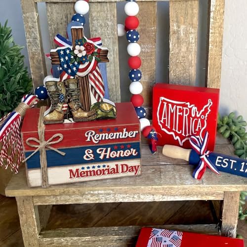 Geelin 4 Pcs Memorial Day Patriotic Table Decoration Wooden Book Stack Sign - Image 5
