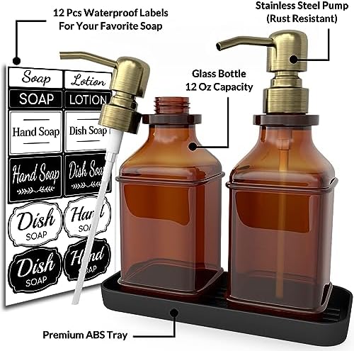 LMQML Soap Dispenser - 2 Pack, Antique Design Thick Amber Glass Hand Soap Dispensers with Sturdy Tray; 304 Rust Proof Stainless Steel Black Pump, 12Pcs Stickers, for Kitchen, Bathroom - Brushed Gold - Image 2