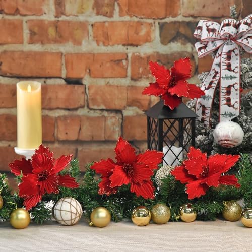 10 PCS Glitter Poinsettias, 8.7" Artificial Christmas Flowers, Dark Red - Image 4