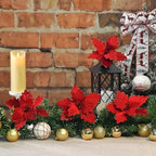 10 PCS Glitter Poinsettias, 8.7" Artificial Christmas Flowers, Dark Red - Image 4