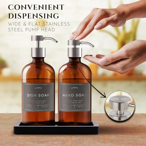 Glass Soap Dispenser Set of 2 (Amber) with Silicone Tray | Hand and Dish Soap Dispenser for Kitchen and Bathroom | 16.8 Oz Glass Bottles with Stainless Steel Pump & 15 Waterproof Labels (Amber/Silver) - Image 4
