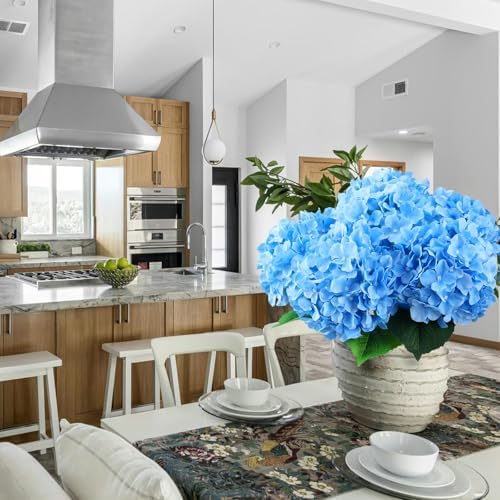 6PCS Large Silk Hydrangea Flowers, 20 in Full Huge Bloom Faux Hydrangea Artificial Flowers with Stems Leaves for Fake Bouquets Home Wedding Party Birthday Centerpieces Baby Shower (Blue) - Image 2