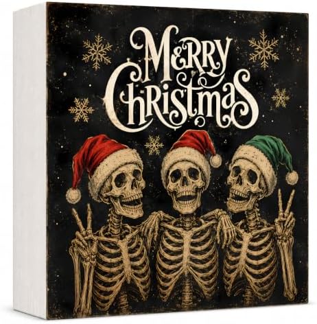 Christmas Decorations Gothic Funny Skeleton Santa Wooden Box Sign by GUDIO