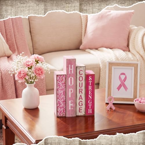 Lineshading 4 Pcs Breast Cancer Awareness Table Decor Pink Wooden Book Sign - Image 3