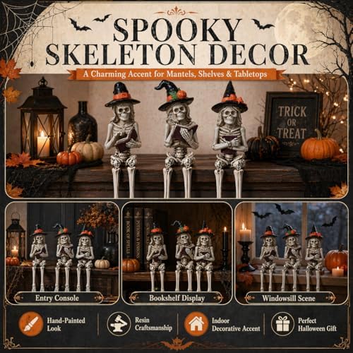 Dlfghos 3 Pieces Halloween Skeleton Statue Halloween Skull Figurine Home Decor Reading Skeleton Figurines Decorations for Indoor Fireplace Home Kitchen Desk Office Party - Image 3