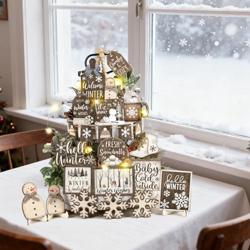 Shellwei 23 Pcs Winter Tiered Tray Decor, Hello Winter Snowman Signs - Image 6