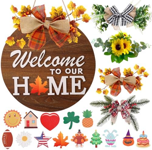 Interchangeable Welcome Sign for Front Door with 4 Seasonal Wreaths and 14 Changeable Icons, Farmhouse Front Door Signs, Door Decoration Porch Decor, Seasonal Wooden Home Sign home décor (6wood) by HOME