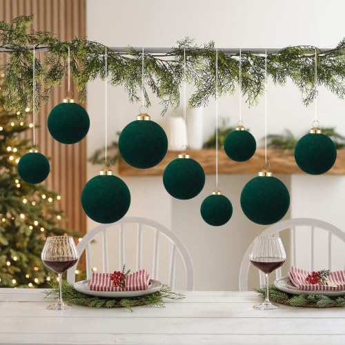 46Pcs Velvet Christmas Ball Ornaments Set - Flocked Shatterproof Christmas Tree Decorations Classic Hanging Ornaments with Rope for Xmas Wreath Holiday Home Decor (Multi-Size, Dark Green) - Image 7