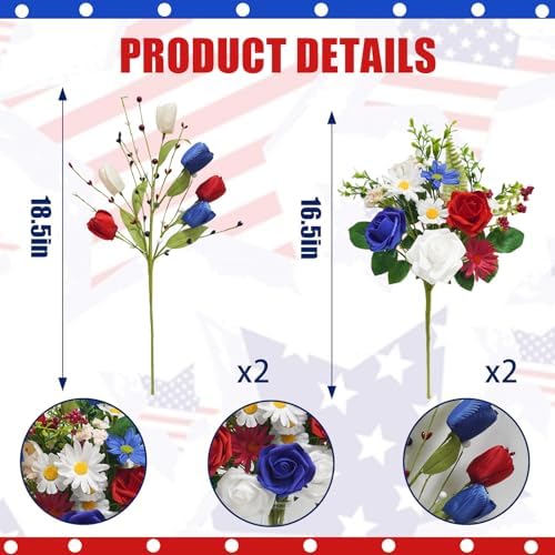 4PCS Patriotic Artificial Flowers Mixed Bush Red White Blue Rose Tulip Flowers Memorial Day Flower Bouquet for 4th of July Independence Day Grave Home Table Decoration - Image 2