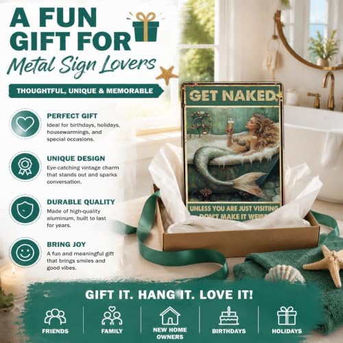 Mermaid Sign Vintage Tin Wall Decor Get Naked Sign Don't Make It Weird Iron Painting Mermaid Poster for Home Living Room Bathroom Toilet Hotel 16x12 Inch - Image 6