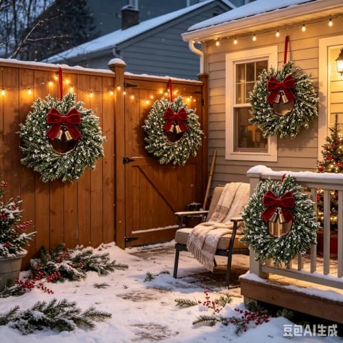 4 Set Christmas Hanging Wreaths Small Snow Flocked Artificial Cedar Wreaths with Red Velvet Ribbon Bronze Bells Mini Faux Greenery Wreath for Front Door Porch Cabinet Window Xmas Holiday Decorations - Image 7