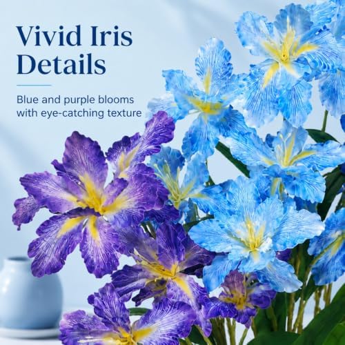 12 Pcs Artificial Iris Flowers, Faux Iris Purple Flowers 31.5", Real Touch Long Stems Fake Blue Silk Iris Bouquets Stems for Home Vases Living Room Centerpieces Wedding Floral Decoration - Image 3