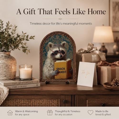 Wooden Tabletop Sign Funny Raccoon Decor for Bookshelf Desk Shelf, Arched Wood Frame Vintage Reading Animal Art, Rustic Home Office Display Accent for Animal Lovers - Image 5