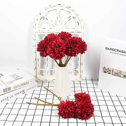 Tinsow 12PCS Artificial Ball Chrysanthemum Red Faux Flowers Bouquet - Image 3