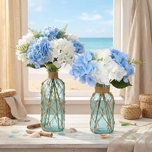 Chuangdi Set of 2 Coastal Glass Flower Vase with Boho Rope, Light Blue - Image 3