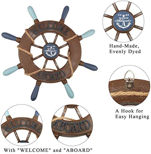2 Pack 13" Nautical Beach Wooden Ship Wheel and 13" Wooden Anchor with Rope Nautical Boat Steering Wheel Rudder Anchor Wall Art Decor Door Hanging Ornament Beach Theme Home Decoration(Retro Brown) - Image 4