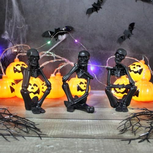 Black Skeleton Decor Set of 3, Thinker Skeleton Figurines for Home Decor, Gothic Shelf Decor Aesthetic, Resin Halloween Decorations for Bookshelf, Desk, Coffee Table - Image 3