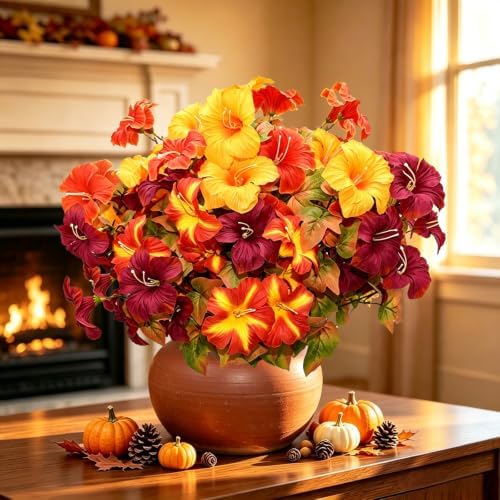 6 Bundles Artificial Fall Morning Glory Flowers for Outdoors, UV Resistant No Fade Fake Faux Fall Flowers with Maple Leaves for Thanksgiving Farmhouse Harvest Home Garden Patio Decor - Image 6