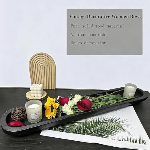 Wooden Dough Bowl Decor, Vintage Wooden Bowl Hand Carved Home Decor for Dining Table Center, Living Room, Kitchen Decor. (30inch black) - Image 3