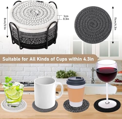 OIAHOMY 8 Pcs Coasters with Holder for Beer, Coffee, Woven Cotton Coaster Set for Table Decor for Kitchen, Bar, Dining Room, Living Room, Housewarming Gifts - Black - Image 2