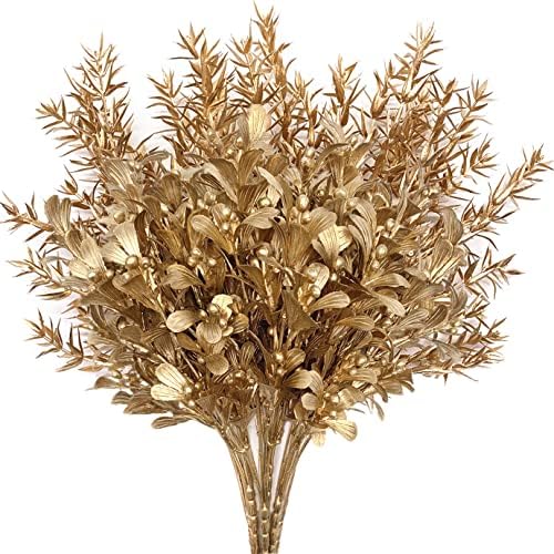 Gold Decorations Artificial Plants, CATTREE Golden Berry Leaves Fake Simulation Spiky Leaf Grass Plastic Faux Shrubs Bushes Ornaments Home Indoor Outdoor Wedding Decor Hall Table Planter Filler 4 Pack by CATTREE