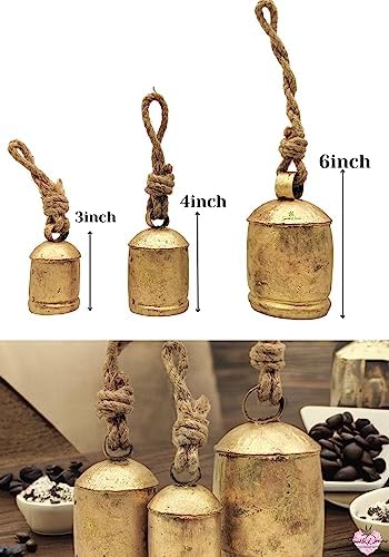 Shabby Chic Vintage Country Style Rustic Metal Bells Set of 3 Hanging Harmony Giant Cow Bells on Rope - Image 2