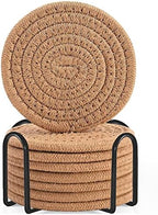 ABenkle 8 Pcs Drink Coasters with Holder, Cotton Woven Absorbent Coasters for Drinks, Minimalist Home Decor Coaster Set for Wooden Tabletop Protection Table, 4.3 inches Brown by ABenkle