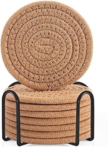 ABenkle 8 Pcs Drink Coasters with Holder, Cotton Woven Absorbent Coasters for Drinks, Minimalist Home Decor Coaster Set for Wooden Tabletop Protection Table, 4.3 inches Brown by ABenkle
