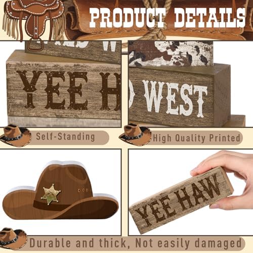 Yuntau 4 Pcs Western Cowboy Table Decor Wooden Block Signs Cowboy Hat Set - Image 3