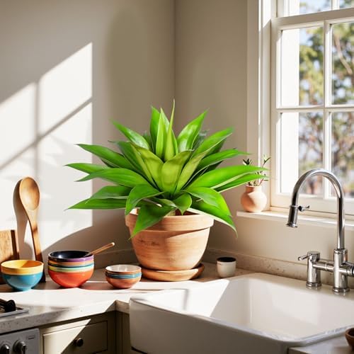 Artificial Agave Plant 25.6'' Fake Agave Plant Artificial Plants Outdoor Uv Resistant Artificial Fake Plants Suitable for Indoor Home Decor Outdoor Courtyard Balcony Terrace Decor 1Pcs (Green) - Image 3