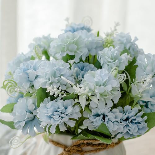 TKAS Fake Flowers Arrangement in Ceramic Vase, Artificial Faux Silk Hydrangea, Small Realistic Dried-Style Floral, Dining Table Centerpiece for Wedding Party Home Decoration (Blue) - Image 2