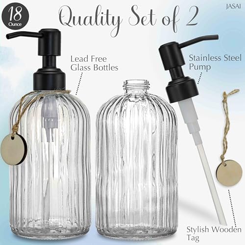 JASAI 2PACK 18Oz Simple Glass Soap Dispensers with Black Rust Proof Pump - Image 2