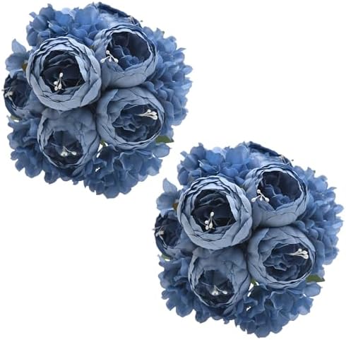 Artificial Peony Flowers 2 Bundles Peony Fake Flowers Faux Silk Peonies with Hydrangea Flower Bouquets for Wedding Home Party Decor Floral Arrangements Table Centerpieces, Dusty Blue X2 by WishTip