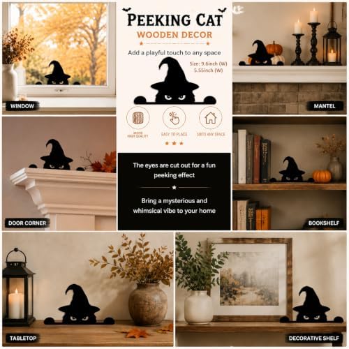 Home Decor Wooden Peeking Black Cat with Witch Hat Signs Window Decorations - Image 3