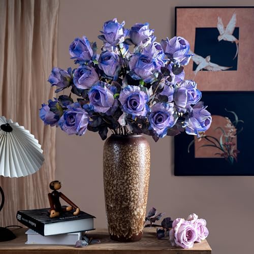 Artificial Roses Fake Roses 20PCS Long Stem Artificial Flowers for Tall Vase Silk Rose Suitable for Indoor Halloween Gothic Decor Wedding Party Decoration DIY Bouquet Autumn,Purple, 23.2In - Image 3