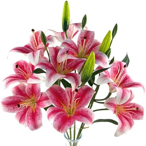 12 Artificial Lily Flowers with 9 Heads Full Bloom Lily & 3 Buds, Long Stem Artificial Stargazer Lilies, Faux Tiger Bouquets for Home Hotel Office Party Decor Table Centerpieces（Dark Pink by SOFTKIDS
