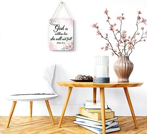 Inspirational Decor God is Within Her She Will Not Fall Psalm 46:5 Christian Gifts for Women Bible Verse Wall Art Scripture Wooden Hanging Sign for Kids Room Bathroom Bedroom Decor 8 x 10 Inches - Image 2