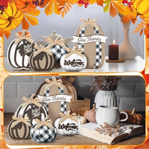 5 Pcs Hello Fall Pumpkin Home Decor Plaid Pumpkin Wooden Table Centerpiece - Image 6