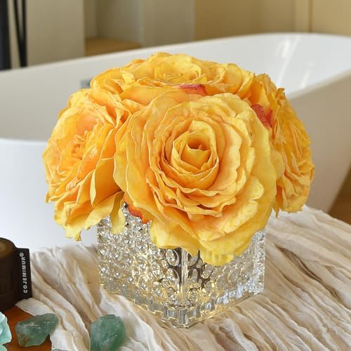 Silk Roses in Glass Vase with LED, Low Centerpiece for Table, Golden Yellow by YSZL